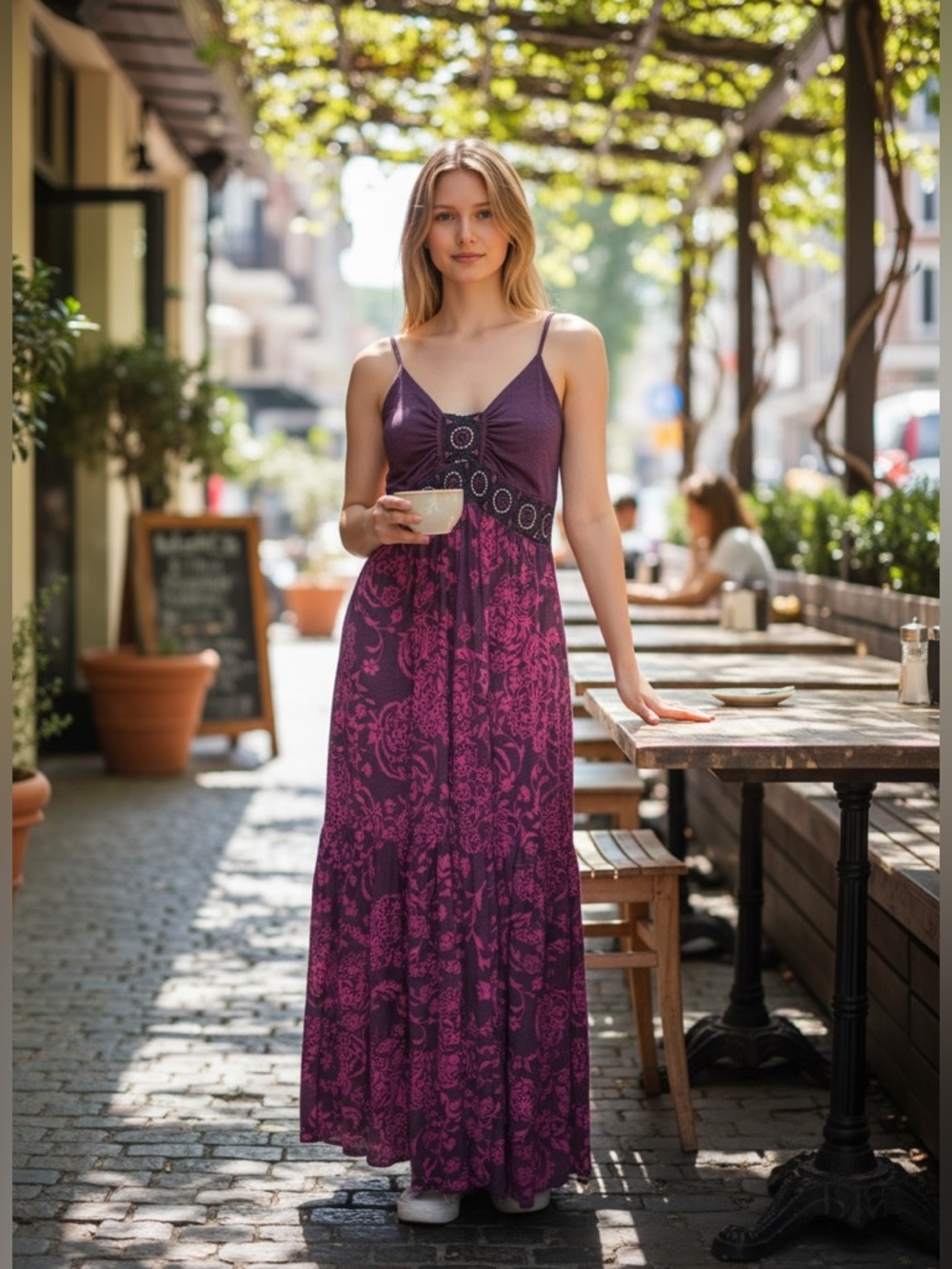 Sleeveless Spaghetti-Strap Maxi Dress in Purple and Pink Floral Boho